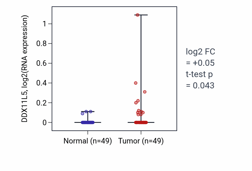 Tumor-vs-normal expression box plot for DDX11L5 in LUSC.