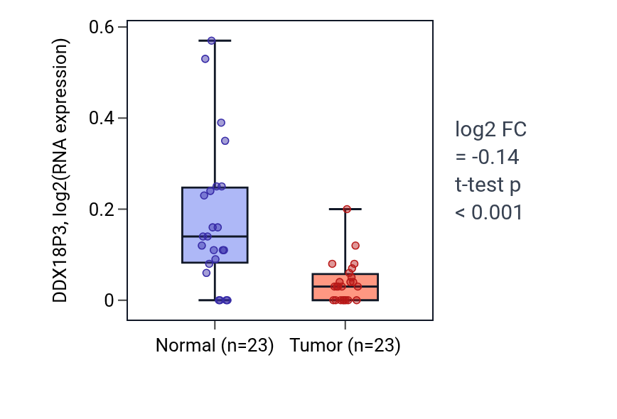 Tumor-vs-normal expression box plot for DDX18P3 in THCA.