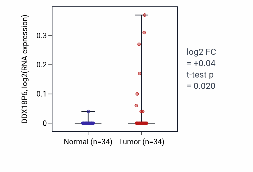 Tumor-vs-normal expression box plot for DDX18P6 in COAD.
