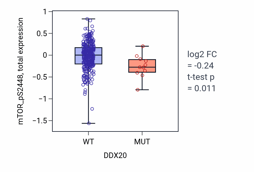 Box plot of mTOR_pS2448 in DDX20-low vs DDX20-high samples in SKCM.