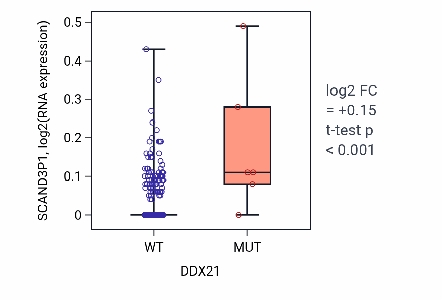 Box plot of SCAND3P1 in DDX21-low vs DDX21-high samples in BLCA.