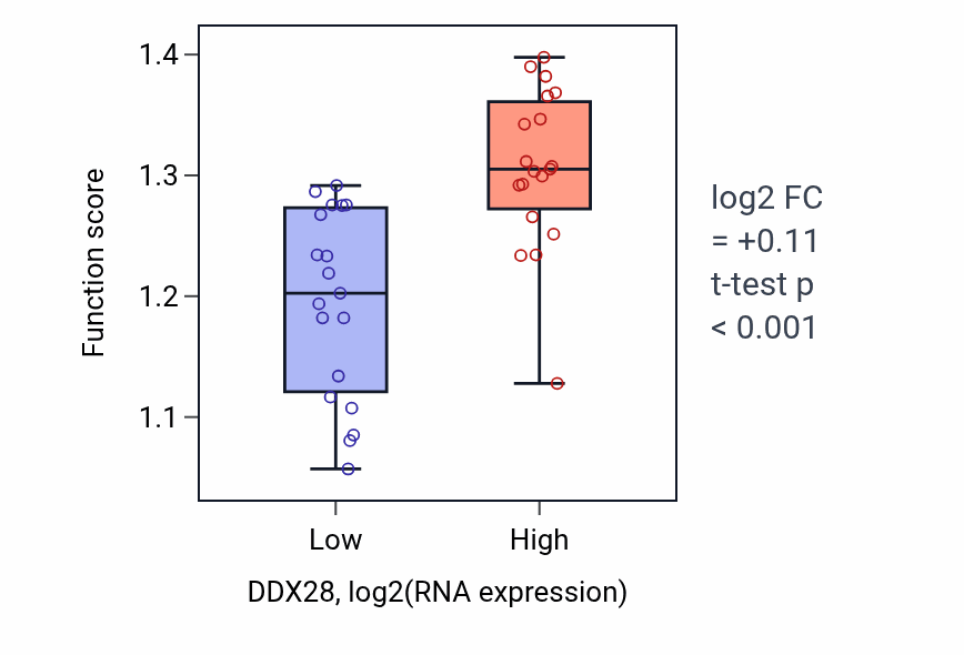 Box plot of Mitochondrial large ribosomal subunit assembly in DDX28-low vs DDX28-high samples in BONE.