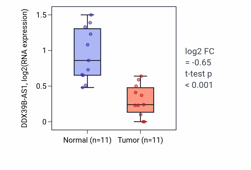 Tumor-vs-normal expression box plot for DDX39B-AS1 RNA in KICH.
