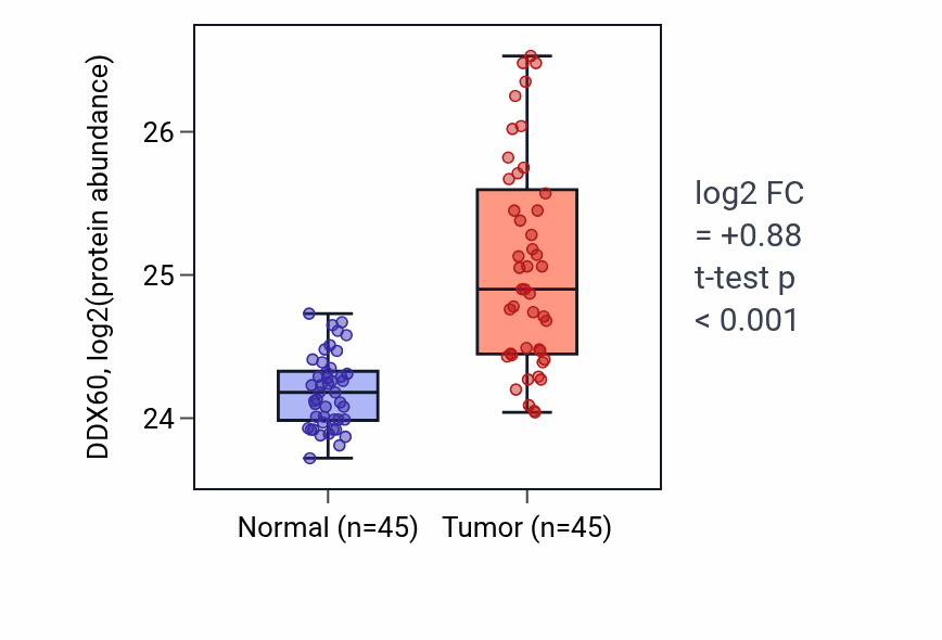 Tumor-vs-normal mass-spec protein box plot for DDX60 in HNSC.