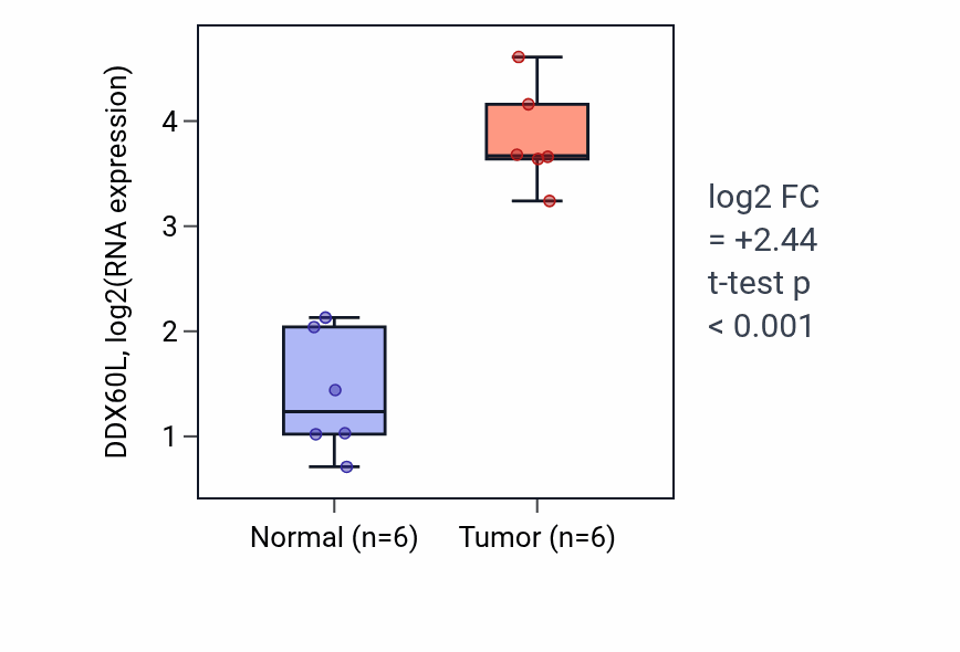 Tumor-vs-normal expression box plot for DDX60L RNA in HNSC.