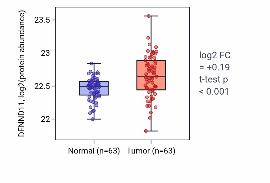 Tumor-vs-normal mass-spec protein box plot for DENND11 in CCRCC.