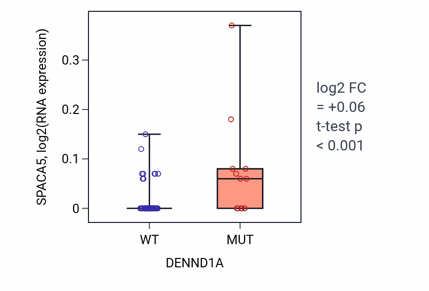 Box plot of SPACA5 in DENND1A-low vs DENND1A-high samples in LARGE_INTESTINE.