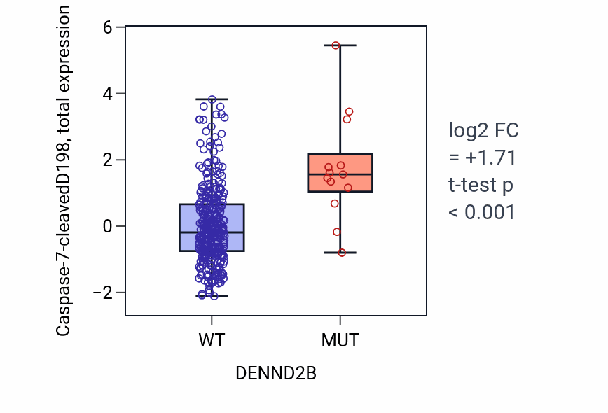 Box plot of Caspase-7-cleavedD198 in DENND2B-low vs DENND2B-high samples in COAD.