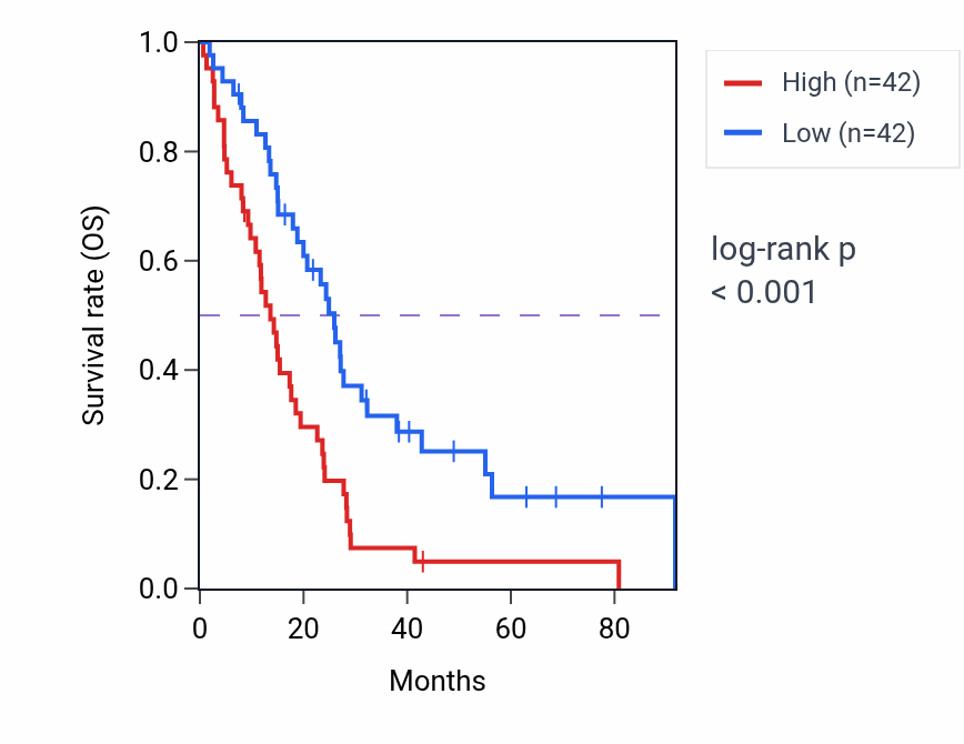 Kaplan&ndash;Meier survival curve for DENR RNA expression in MESO: high vs low expression groups.