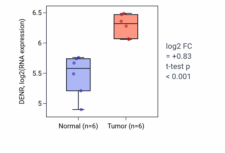Tumor-vs-normal expression box plot for DENR in HNSC.