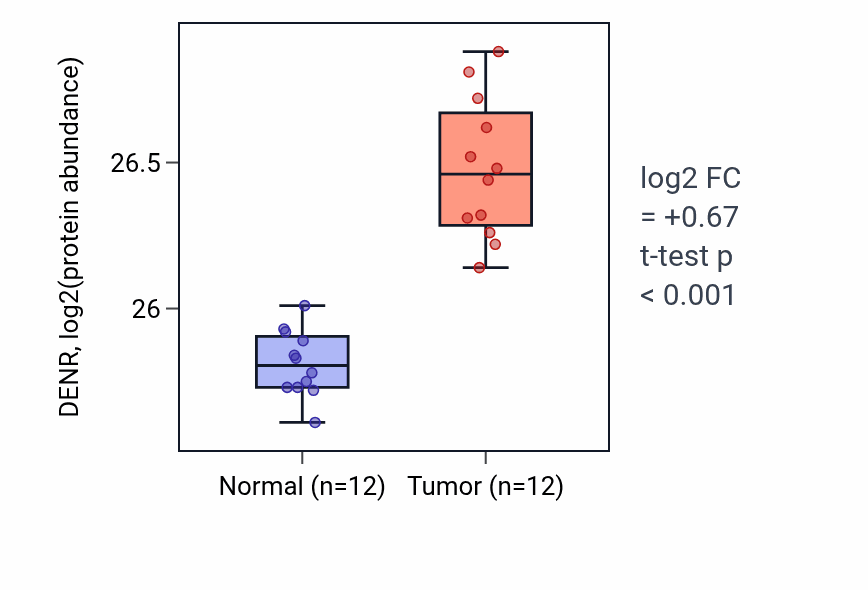 Tumor-vs-normal mass-spec protein box plot for DENR in LUAD.