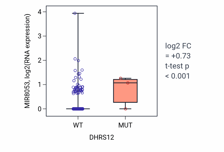 Box plot of MIR8053 in DHRS12-low vs DHRS12-high samples in BRCA.