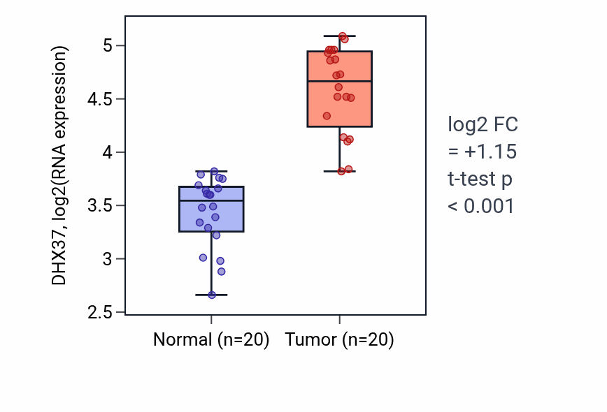 Tumor-vs-normal expression box plot for DHX37 in COAD.
