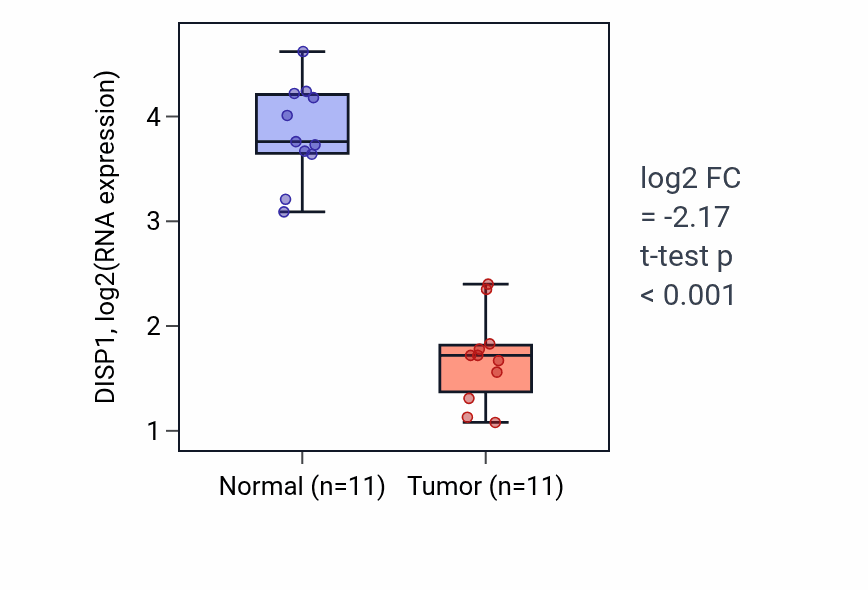 Tumor-vs-normal expression box plot for DISP1 in KICH.