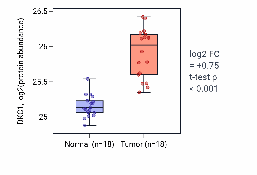 Tumor-vs-normal mass-spec protein box plot for DKC1 in COAD.