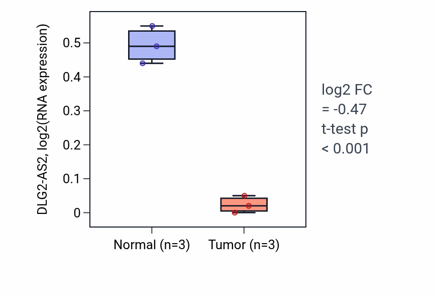 Tumor-vs-normal expression box plot for DLG2-AS2 in THCA.
