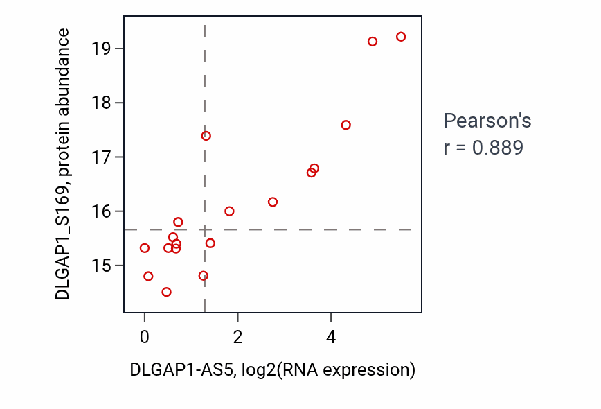 Per-sample scatter of DLGAP1-AS5 vs DLGAP1_S169 in HNSC (Pearson r = 0.89).