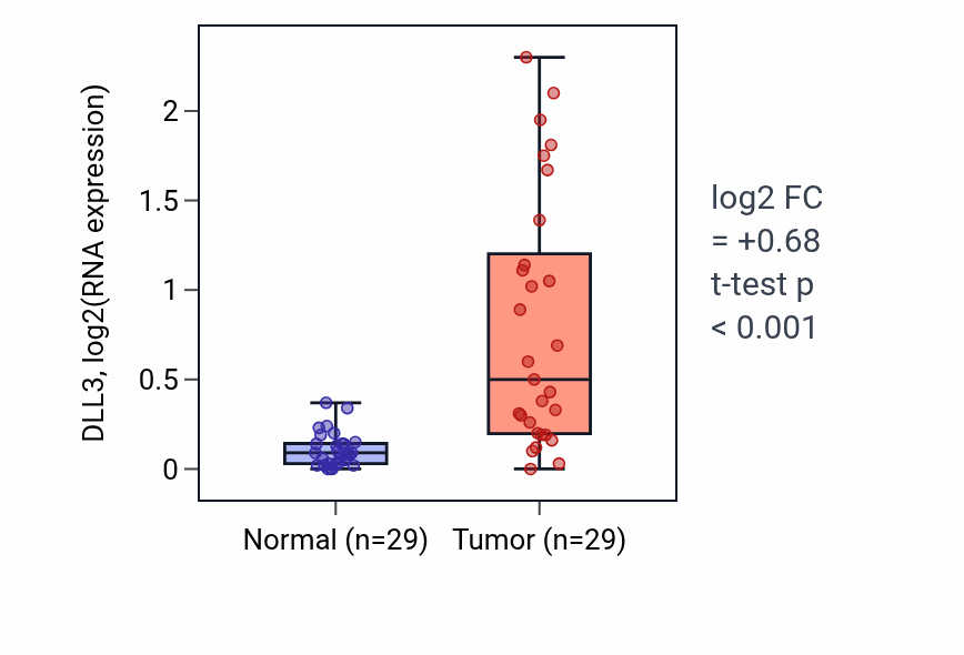 Tumor-vs-normal expression box plot for DLL3 in HNSC.