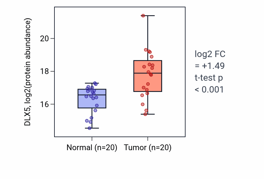 Tumor-vs-normal mass-spec protein box plot for DLX5 in LSCC.