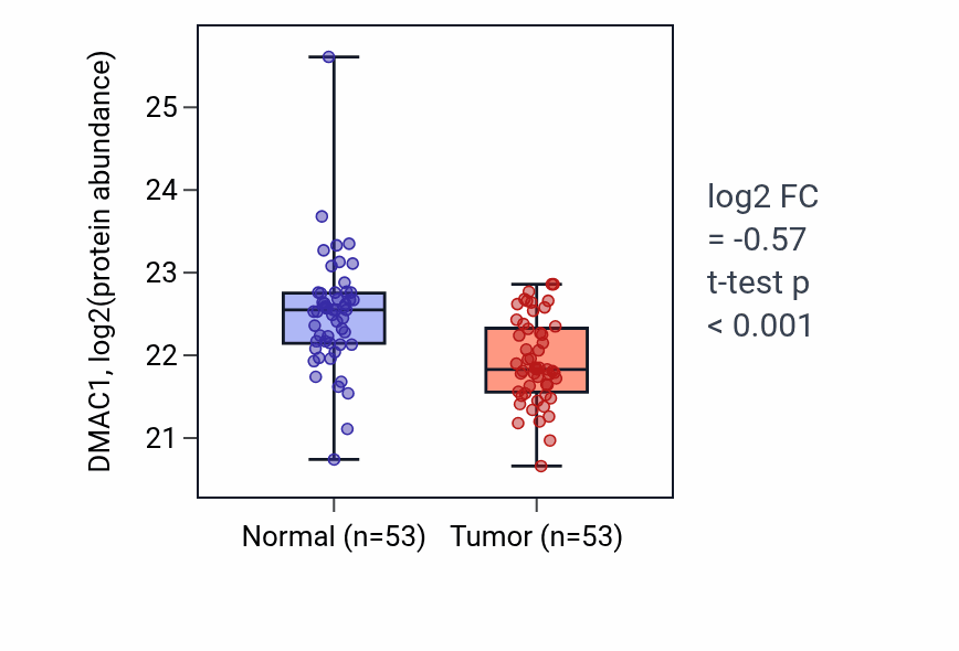 Tumor-vs-normal mass-spec protein box plot for DMAC1 in HNSC.