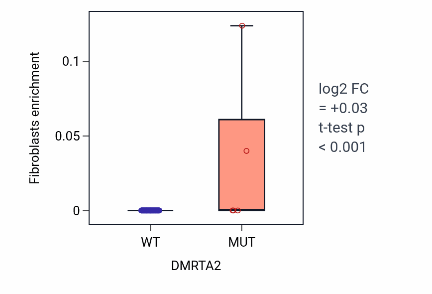 Box plot of Fibroblasts in DMRTA2-low vs DMRTA2-high samples in SCLC.