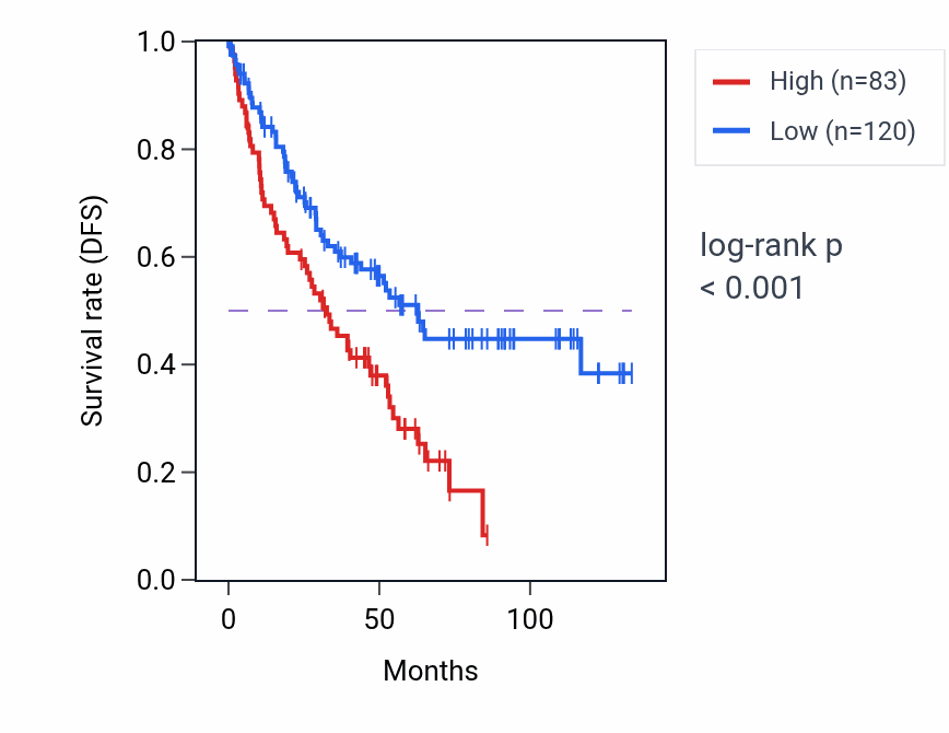 Kaplan&ndash;Meier survival curve for DMRTC2 RNA expression in KIRC: high vs low expression groups.