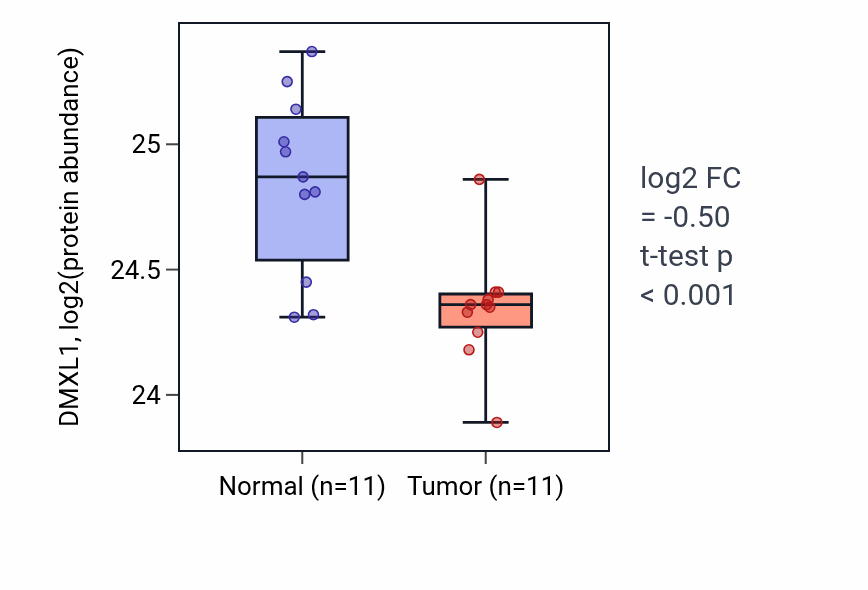 Tumor-vs-normal mass-spec protein box plot for DMXL1 in CCRCC.
