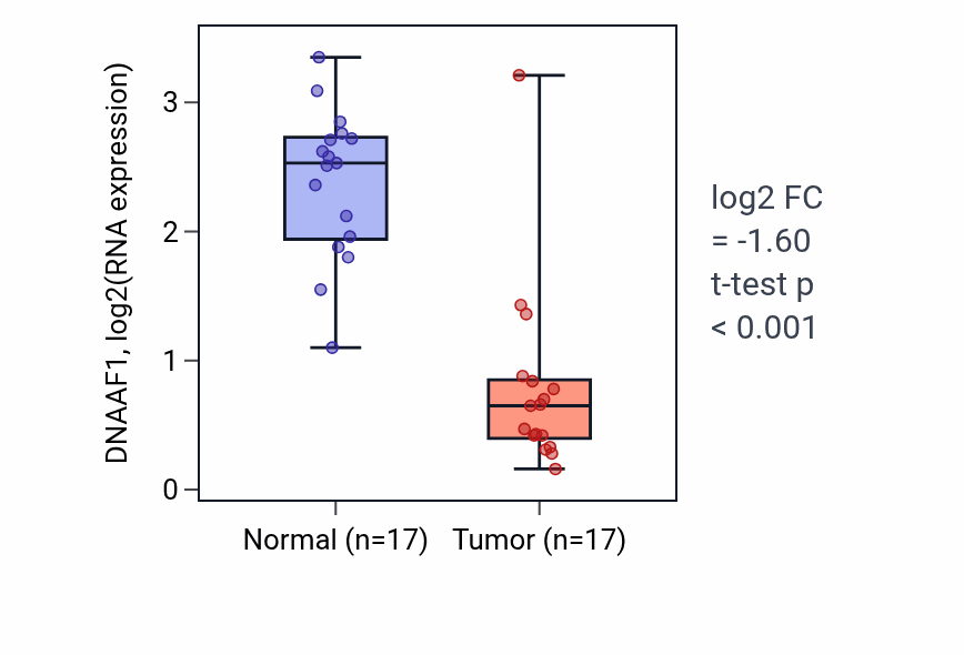 Tumor-vs-normal expression box plot for DNAAF1 in THCA.