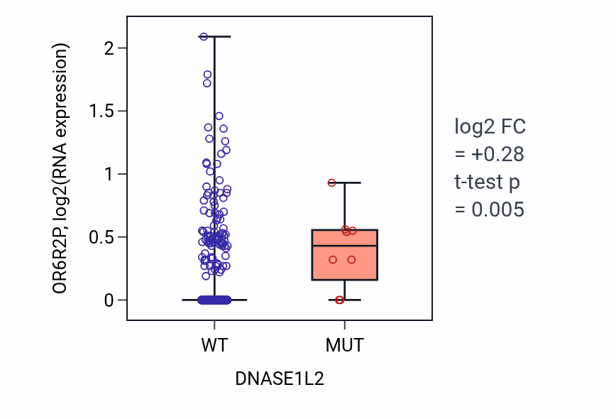 Box plot of OR6R2P in DNASE1L2-low vs DNASE1L2-high samples in UCEC.