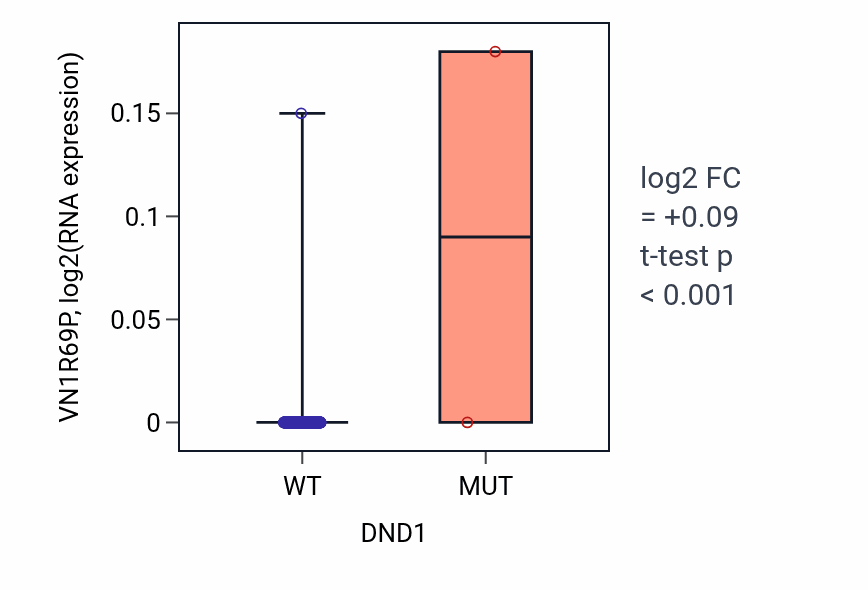 Box plot of VN1R69P in DND1-low vs DND1-high samples in BLCA.
