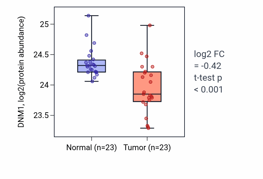 Tumor-vs-normal mass-spec protein box plot for DNM1 in HNSC.