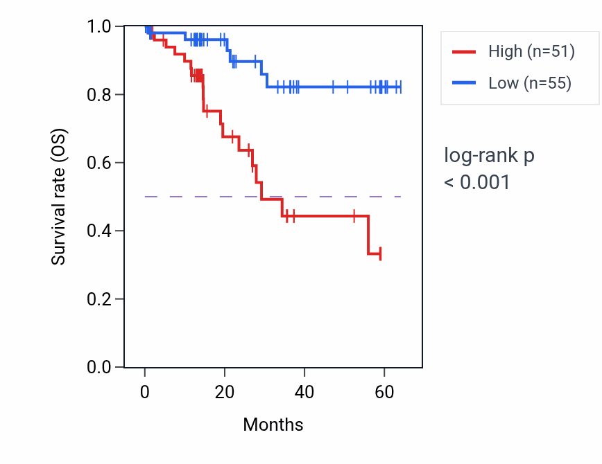 Kaplan&ndash;Meier survival curve for DNM1L mass-spec protein-high vs -low samples in LUAD.