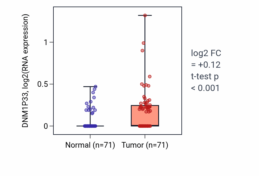 Tumor-vs-normal expression box plot for DNM1P33 RNA in KIRC.