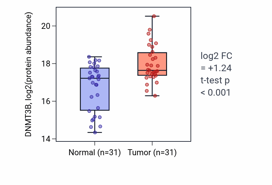 Tumor-vs-normal mass-spec protein box plot for DNMT3B in LSCC.