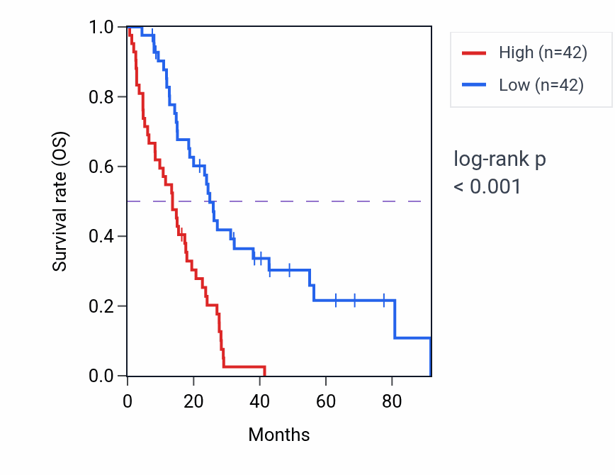 Kaplan&ndash;Meier survival curve for DNMT3B RNA-high vs -low samples in MESO.