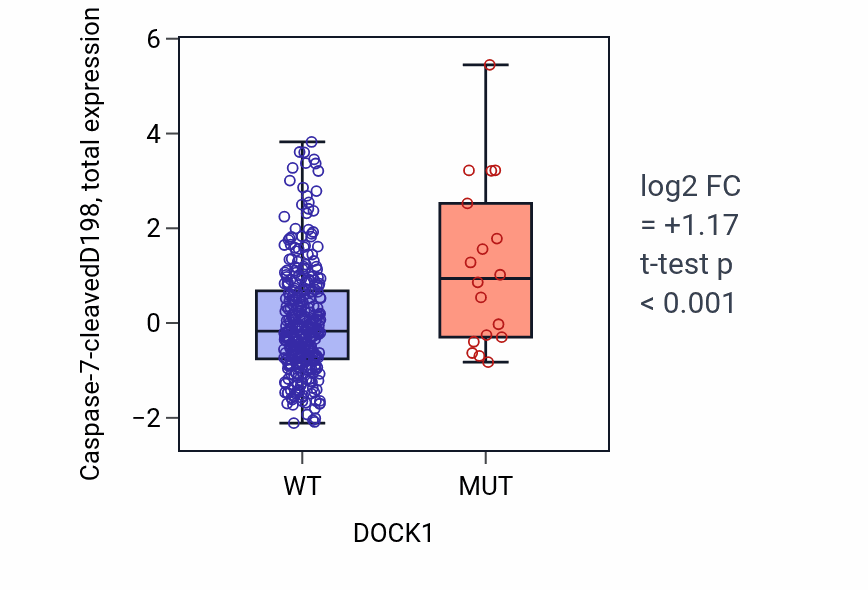 Box plot of Caspase-7-cleavedD198 in DOCK1-low vs DOCK1-high samples in COAD.