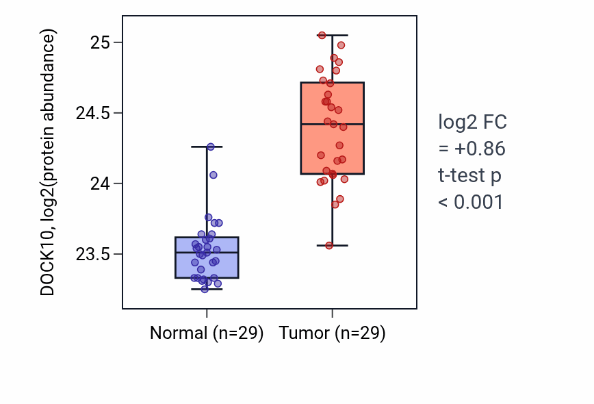 Tumor-vs-normal mass-spec protein box plot for DOCK10 in CCRCC.