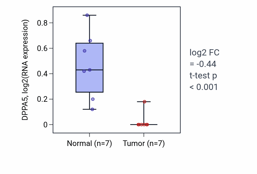 Tumor-vs-normal expression box plot for DPPA5 in THCA.