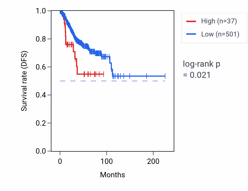 Kaplan&ndash;Meier survival curve for DPPA5P2 RNA expression in UCEC: high vs low expression groups.