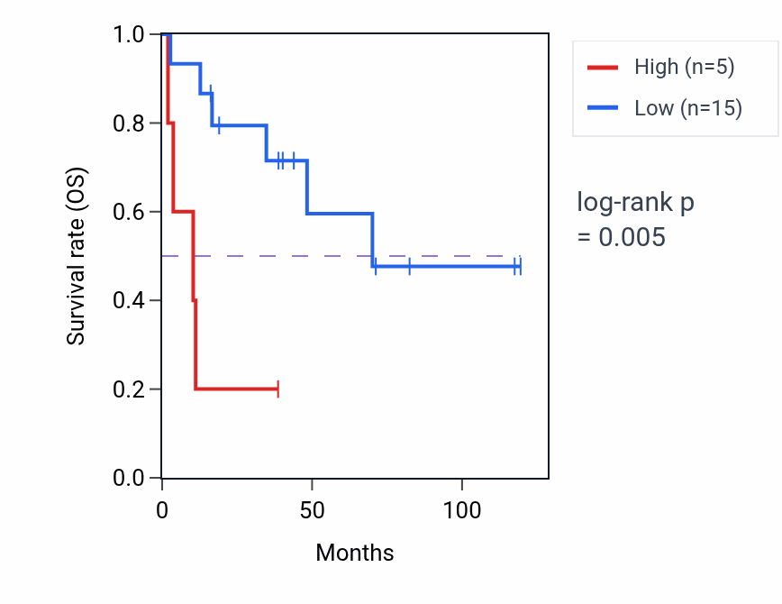 Kaplan&ndash;Meier survival curve for DPPA5P4 RNA expression in LUSC: high vs low expression groups.