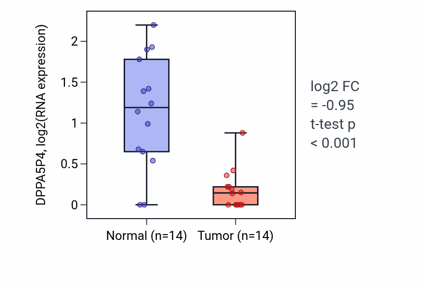 Tumor-vs-normal expression box plot for DPPA5P4 in THCA.