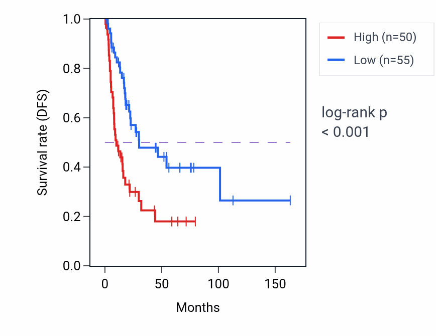 Kaplan&ndash;Meier survival curve for DPY19L1P2 RNA expression in BLCA: high vs low expression groups.