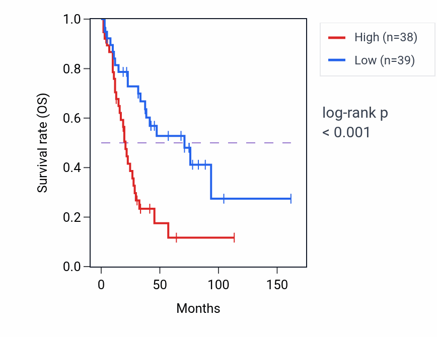 Kaplan&ndash;Meier survival curve for DRAM2 RNA expression in SCLC: high vs low expression groups.
