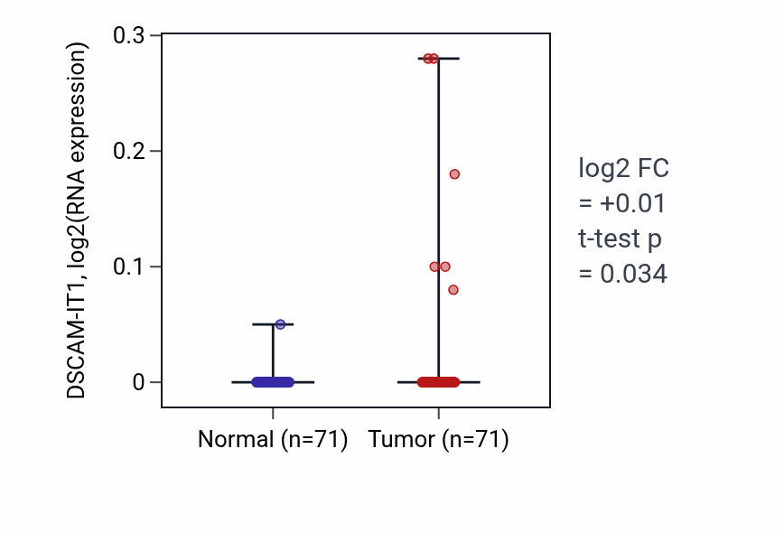 Tumor-vs-normal expression box plot for DSCAM-IT1 in KIRC.