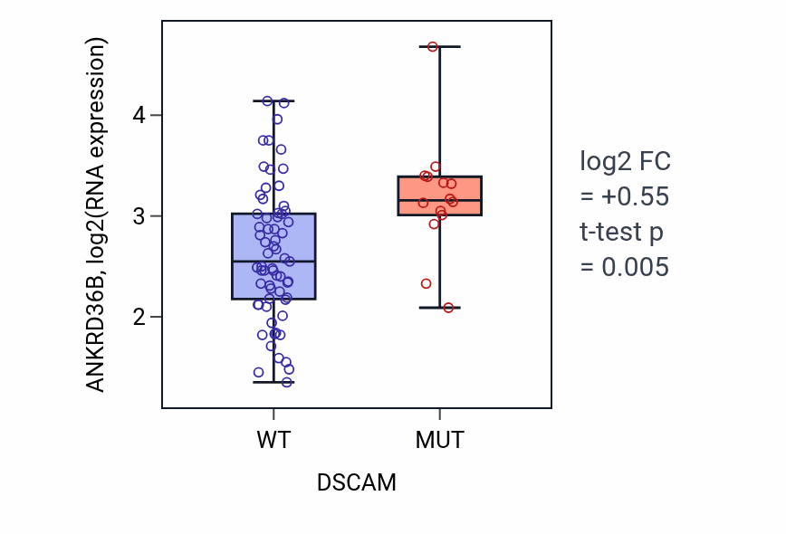 Box plot of ANKRD36B in DSCAM-low vs DSCAM-high samples in LUNG_NSCLC_LUAD.