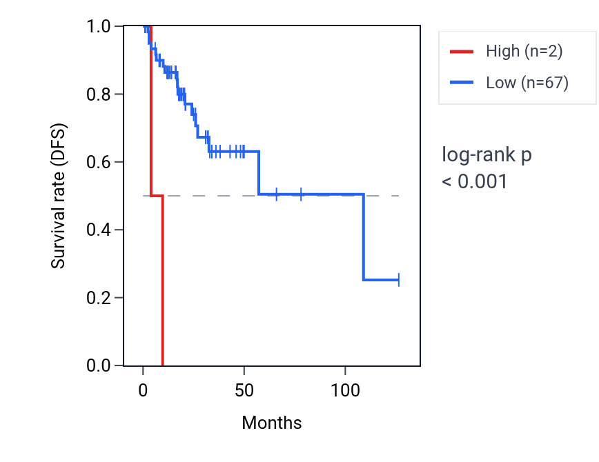 Kaplan&ndash;Meier survival curve for DSCR4-IT1 RNA expression in READ: high vs low expression groups.