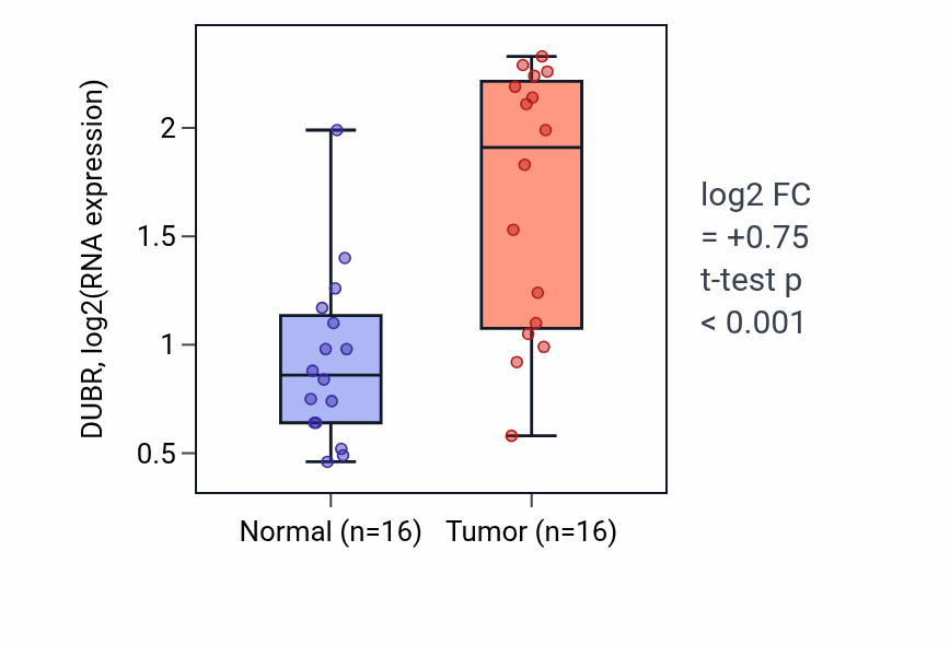 Tumor-vs-normal expression box plot for DUBR in HNSC.