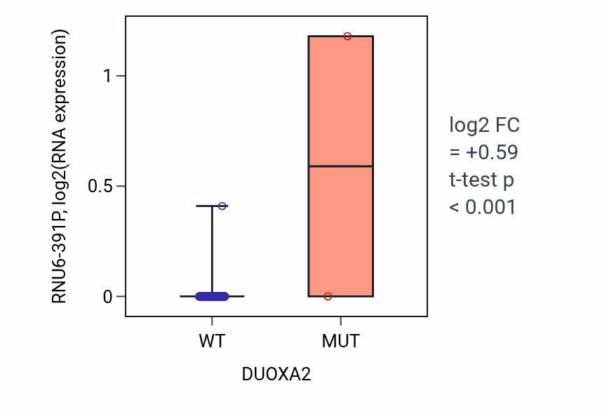 Box plot of RNU6-391P in DUOXA2-low vs DUOXA2-high samples in LUAD.