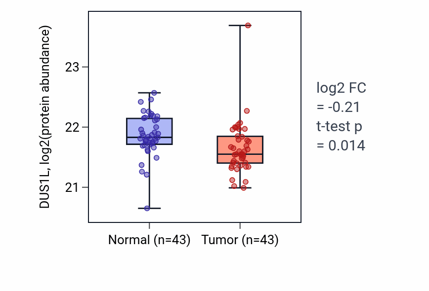 Tumor-vs-normal mass-spec protein box plot for DUS1L in PDAC.
