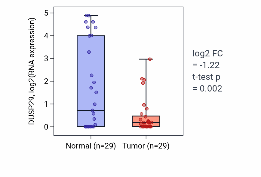 Tumor-vs-normal expression box plot for DUSP29 in HNSC.